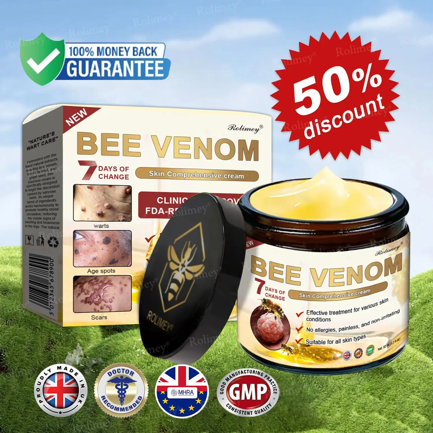 ✨Made and Shipped from UK✨Rolimey® Bee Venom Skin Comprehensive Cream Anti-aging, Hydrating, Skin Repair, Even Tone, Acne and Dark Spot Treatment, Wart and Mole Removal, Psoriasis Relief