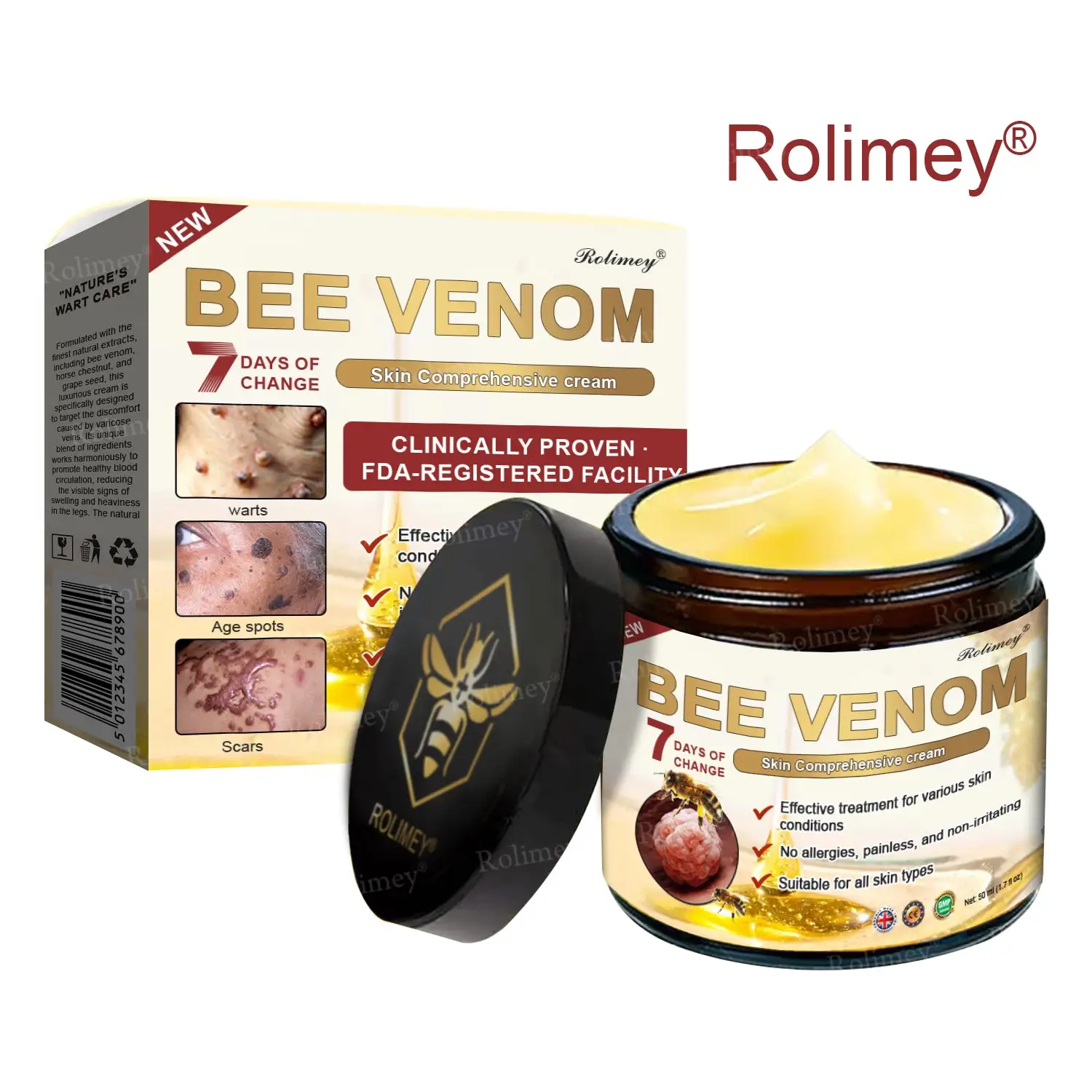 ✨Made and Shipped from UK✨Rolimey® Bee Venom Skin Comprehensive Cream Anti-aging, Hydrating, Skin Repair, Even Tone, Acne and Dark Spot Treatment, Wart and Mole Removal, Psoriasis Relief