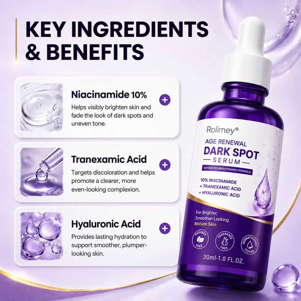 🗽Rolimey® Age Renewal Dark Spot Serum — Infused with 10% Niacinamide, Tranexamic Acid & Hyaluronic Acid for Brighter, Smoother-Looking Mature Skin